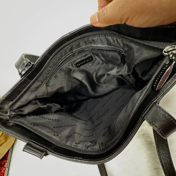 Apostrophe 13.5" Black Purse Structured Genuine Leather Gun Black Hardware Chic - Picture 11 of 16